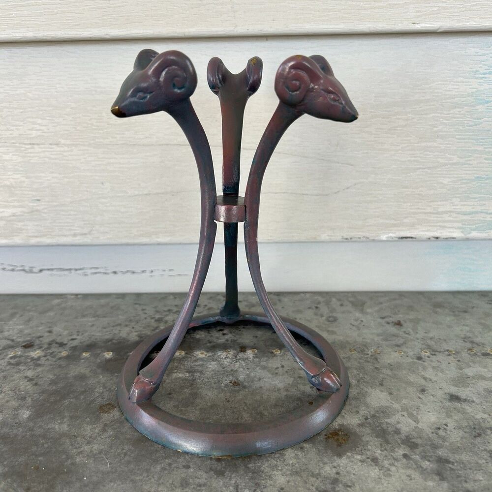 Vintage Metal Ram Head Orb Stand Painted Goat Hoof Pedestal Whimsical Holder